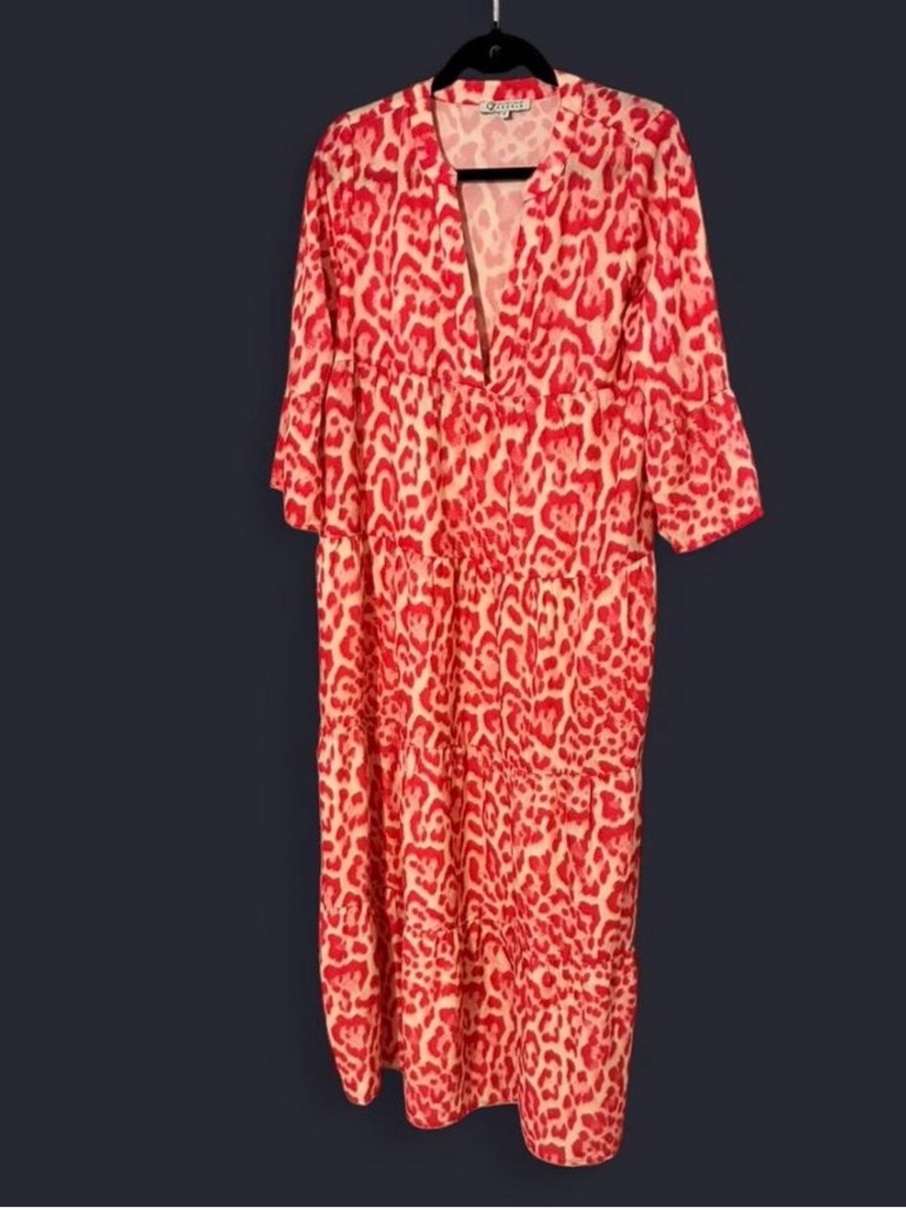 Pink Leopard Print V-Neck Maxi Dress - 3/4 Sleeve